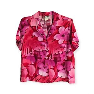 Vintage Hilo Hattie Women's Button-down Shirt Hot Pink Red Floral Hawaiian